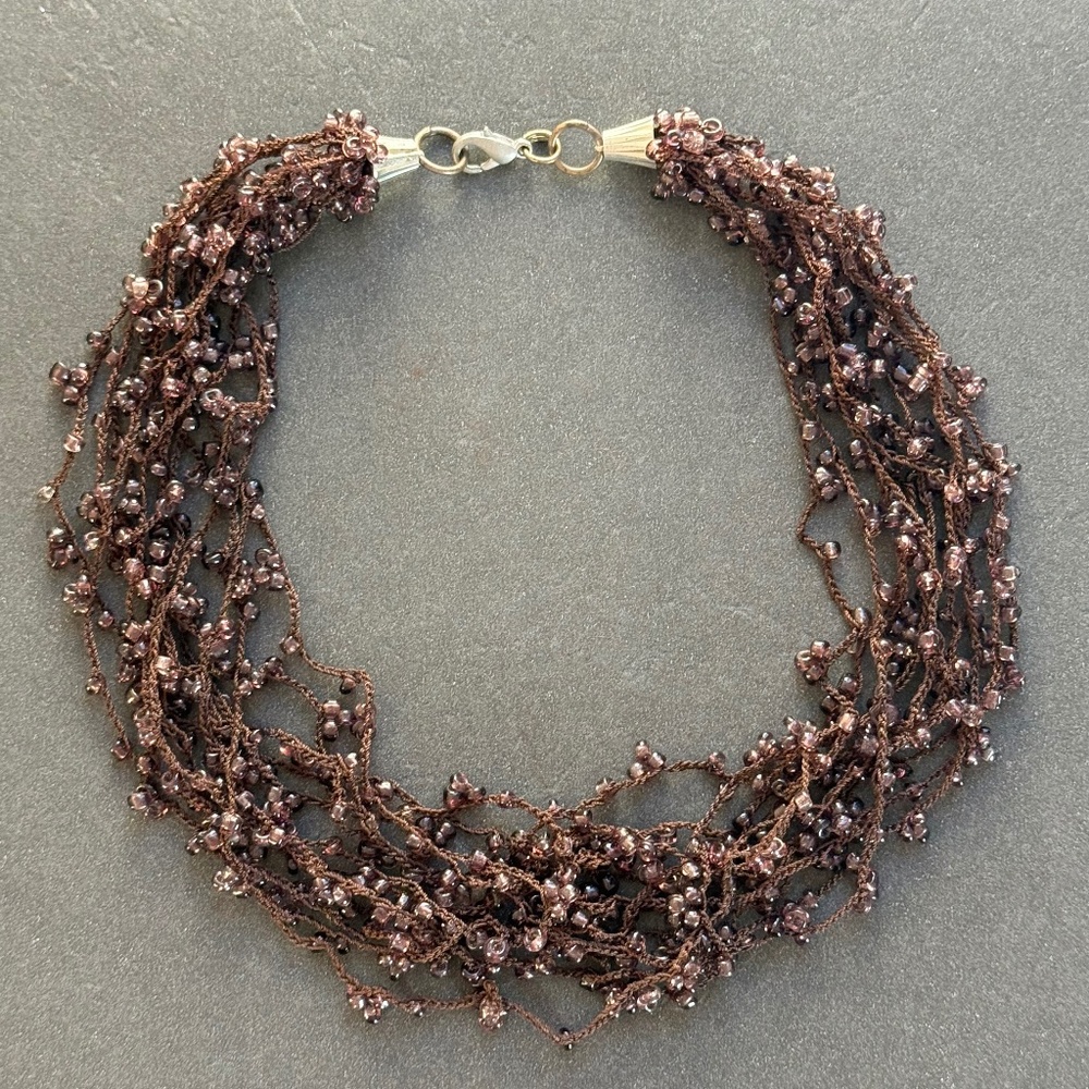 ARTISAN Necklace Intertwined 12 Crochet Brown Strands Amethyst Beaded 15"